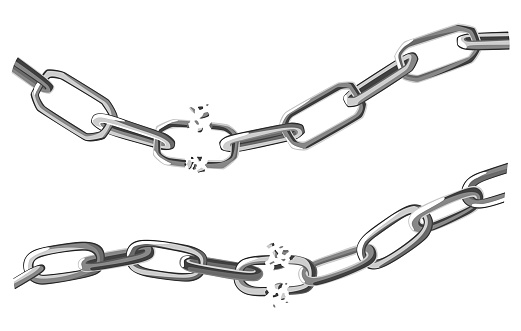 Broken steel chain links. Symbol of security and destruction. Freedom, disruption strong metal shackles concept. Vector illustration in flat style on white background.