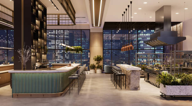3d render of a luxury hotel bar and restaurant