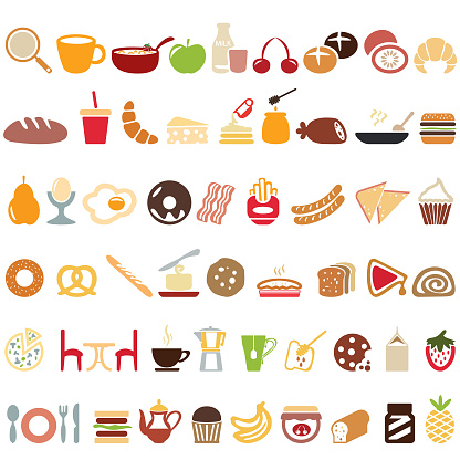 breakfast on a white colored background. For everyone something from fruits, vegetables, cereals. Muffins, cereals, pancakes, honey, coffee, bacon, strawberries, pizza, bread, apple, boiled egg, cream and more.