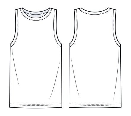 Unisex Tank Top technical fashion illustration. Jersey Tank Top, T-Shirt technical drawing template, crew neckline, front, back view, white colour, women, men, unisex CAD mockup.