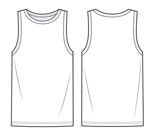 Vector illustration of Unisex Tank Top technical fashion illustration. Jersey Tank Top, T-Shirt technical drawing template, crew neckline, front, back view, white colour, women, men, unisex CAD mockup.