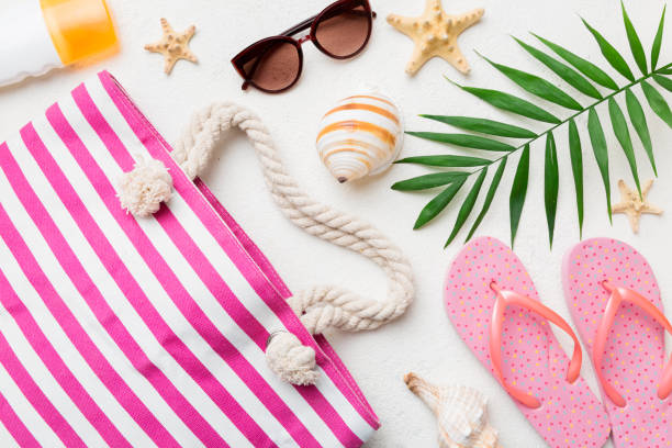 istock Summer vacation concept flat lay. beach accessories and towel top view. Space for text. travel concept 1414636843