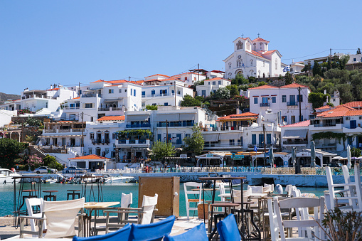 mpatsi or batsi city in andros island greece, greek tourist resort in aegean sea