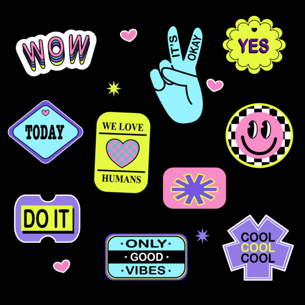 Set Of Cool Retro Stickers Vector Design. Acid Cool trendy retro stickers with smile faces, patches with different phrases. Funky, hipster retrowave stickers. Set Of Cool Retro Stickers Vector Design. Acid Cool trendy retro stickers with smile faces, patches with different phrases. Funky, hipster retrowave stickers. 1970 pictures stock illustrations