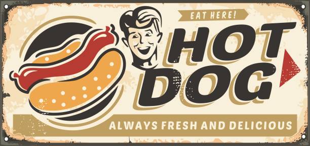 Hot dog street food restaurant sign post. Retro inscription with fast food graphic and happy young man portrait. Vector hotdog illustration.