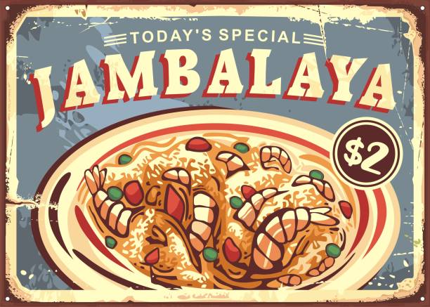 illustrazioni stock, clip art, cartoni animati e icone di tendenza di jambalaya pubblicità retrò per il pasto tradizionale della louisiana - jambalaya