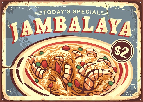 Jambalaya retro advertisement on old metal texture. Traditional Louisiana meal with shrimps, rice, sausage and spices. Vintage restaurant vector sign design.