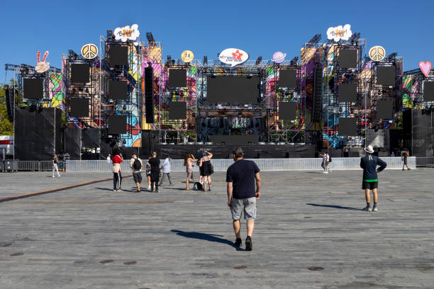 Frontal view of the big stage on Sechseläutenplatz, complex construction is waiting for its use at the biggest party in Switzerland. Zurich, August 13, 2022, Streetparade