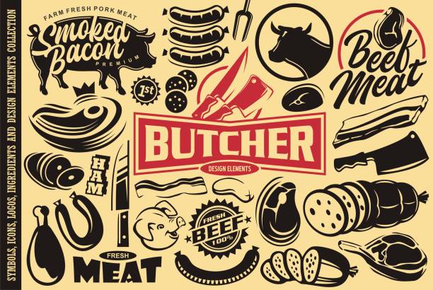 metzgereisammlung von schildern und grafischen symbolen - butcher meat butchers shop steak stock-grafiken, -clipart, -cartoons und -symbole