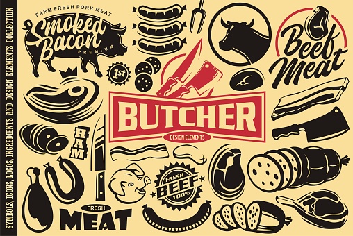 Butchery shop collection of signs, symbols, icons,emblems, graphics and design elements. Vector butcher illustration. Meat market designs.