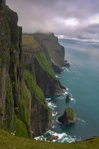 Vertical cliff view near Mýlingur mountain in Streymoy Island long exposure - Faroe Island