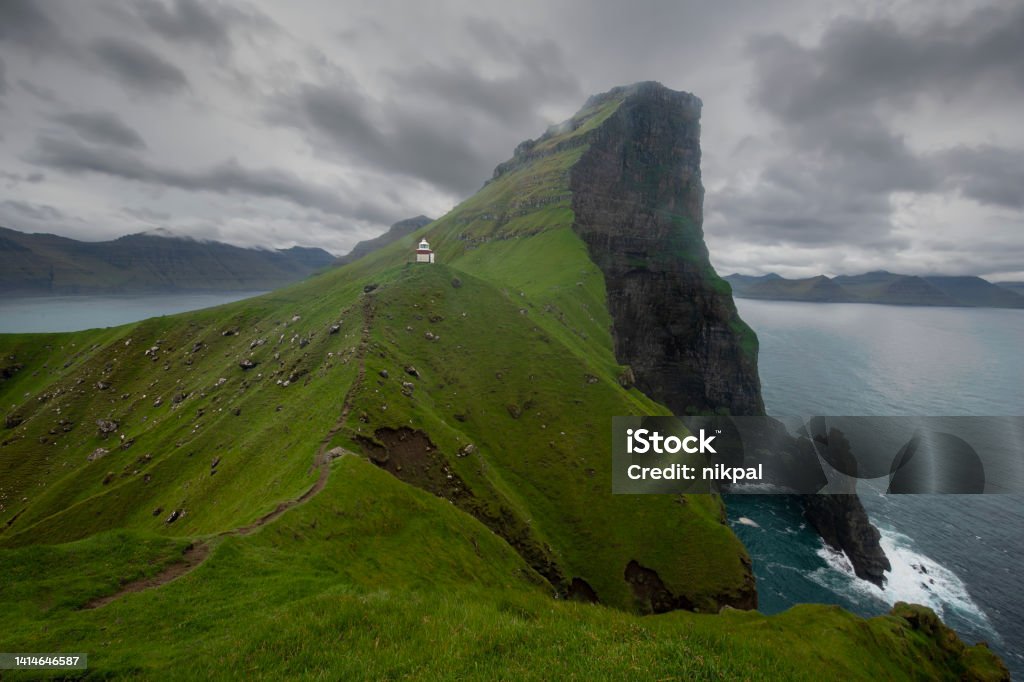 kallur lighthouse panoramic view at kalsoy Island - Faroe Island Faroe Islands Stock Photo