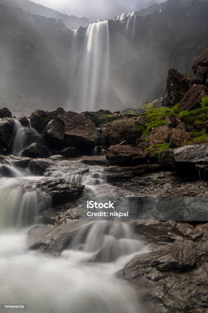 Fossa Waterfal long exposure- Faroe Island Mountain Stock Photo
