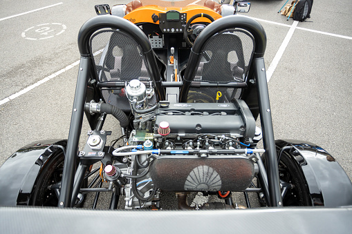 Darlington UK; 23rd August 2020: An orange Ariel Atom sports car engine close up Auto Show (car show)