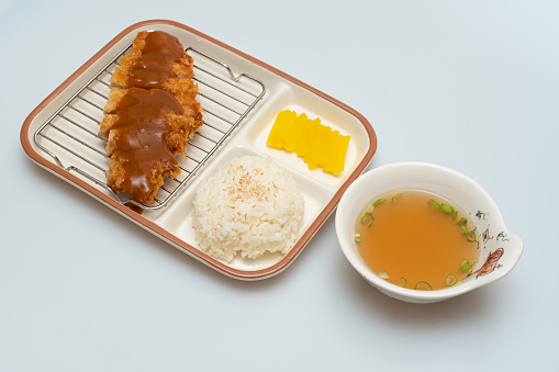 Pork cutlet and miso soup in a bowl
