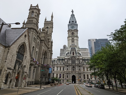 City Hall of Philadelphia Pennsylvania is a majestic building that is an attraction onto itself. This photo is facing south from broad Street featuring the Masonic temple to the left