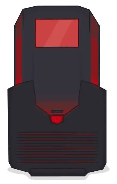 Vector illustration of Powerful gaming tower case with red lights and screen