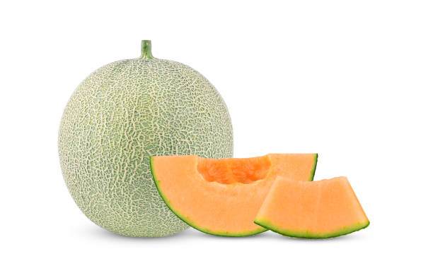 istock Whole cantaloupe melon and sliced isolated on white 1414650940