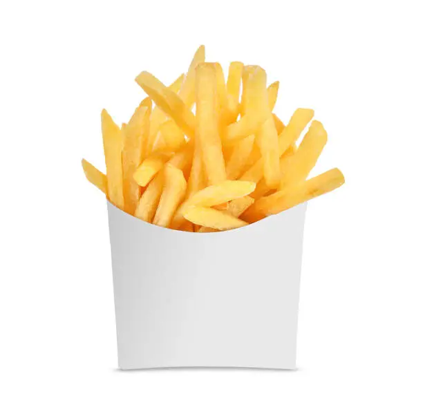 French fries in a white paper box isolated on white background.