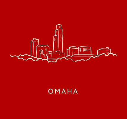 Hand drawn cartoon style sketch of the skyline of Omaha, Nebraska