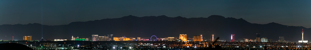 Las Vegas, Nevada - May 1, 2022: Wide Angle Panoramic View of the Las Vegas Strip Casinos at Night Time