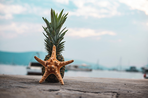 Picture of a pineapple with starfish by the sea