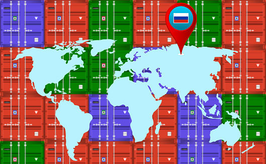 russia location on world map with blur Cargo container. concept for import export business in Russia.