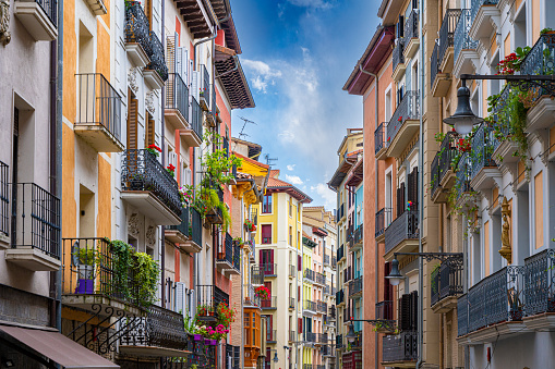 Colorful homes in Pamplona, Spain on the Camino de Santiago.