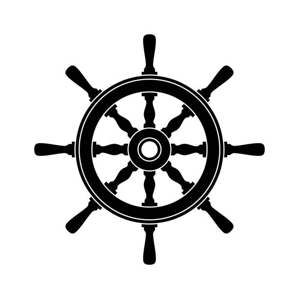 Steering wheel icon. Captain's steering wheel. Ship wheel. Isolated vector illustration on a white background. white sailboat silhouette stock illustrations