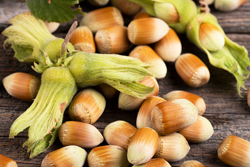 Raw hazelnuts on wooden table