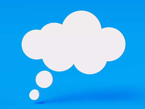 Empty thought cloud on blue background with copy space in concept of ideas and memories. 3d rendering of white comic cloud to fill with your concepts.