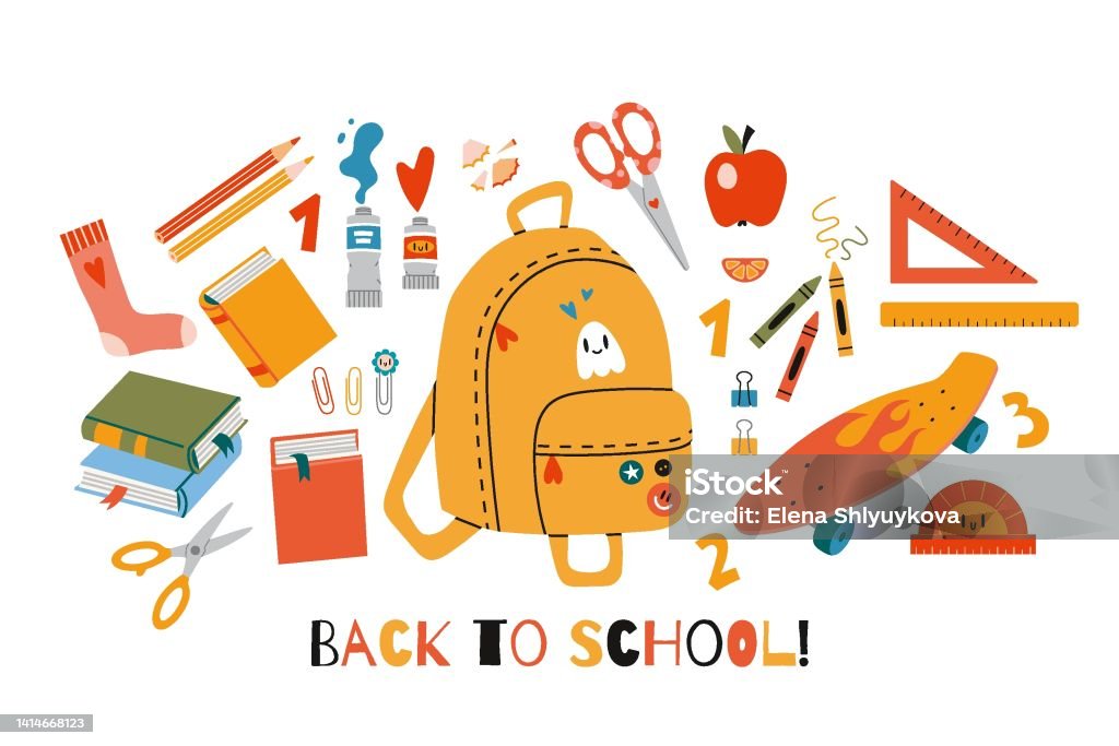 Cute School Stationery And Art Supplies Set Cartoon Style The Contents Of  The Student Backpack Kawaii Workspace Accessories Trendy Vector  Illustration Isolated On White Hand Drawn Flat Stock Illustration -  Download Image