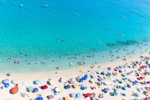 Beach from the medieval town of Tropea in Calabria on the coast of the Tyrrhenian Sea in southern Italy on the toe of the Italian boot