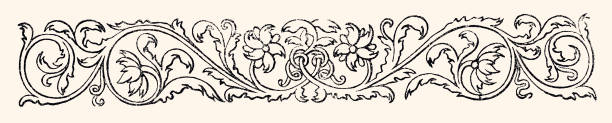 ozdobny wzór kwiatów i liści, 19 wiek: (xxxl z dużą ilością szczegółów) - victorian style engraved image 19th century style image created 19th century stock illustrations
