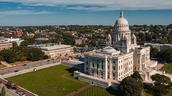 Rhode Island State House in Providens on Capitol Hill, famous landmark of the city. The marble dome of the State House is the forth-largest self-supporting marble dome in the world