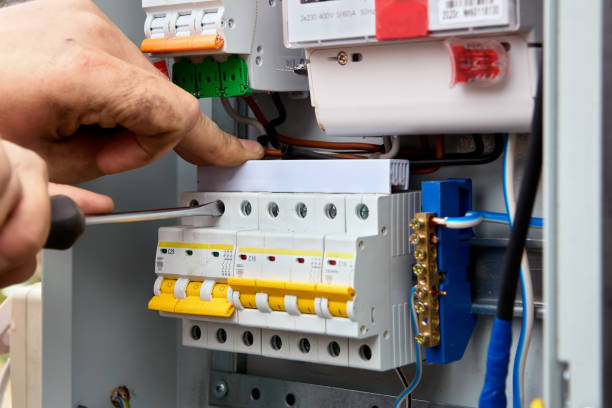 istock Electric distribution board consumer unit with fuse box or circuit breaker, electrical work to install new panel. 1414668685