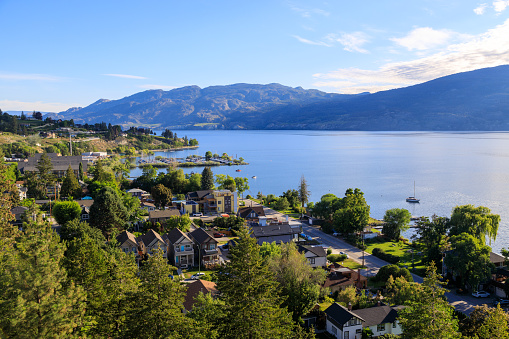 Above view of Summerland located on the lakeshore of Okanagan Lake and located in the Okanagan Valley, British Columbia, Canada.