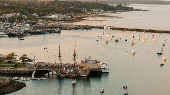 Plymouth's historic downtown and waterfront of the Plymouth Harbor with famous Mayflower ship.