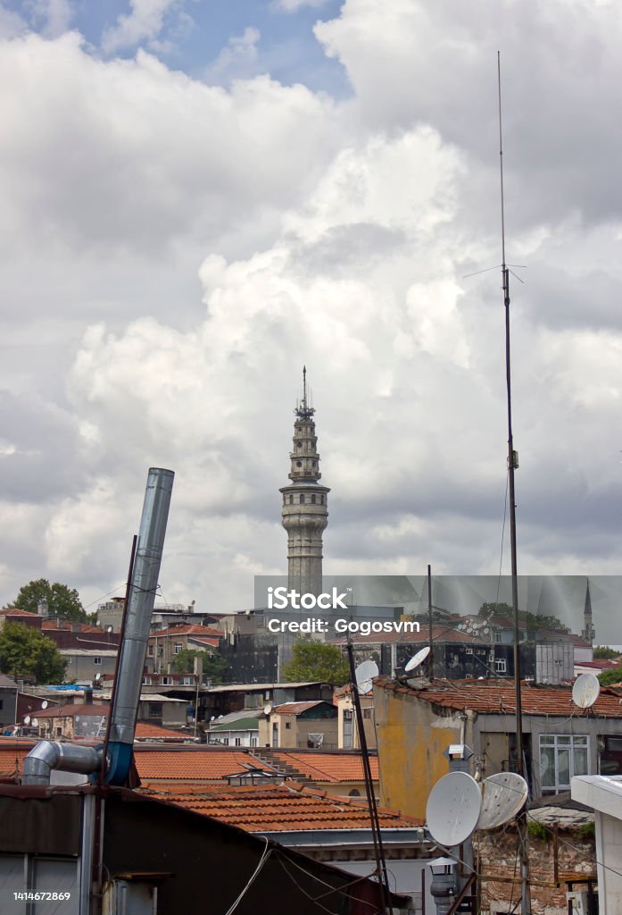 Cityscape and old town with beyazit tower Beyazit Tower, also named Seraskier Tower, the fire-watch tower located in the courtyard of Istanbul University's main campus on Beyazit Square in Istanbul, Turkey Architectural Feature Stock Photo