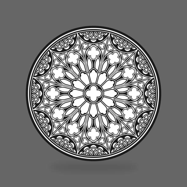 고딕 양식의 장미 원형 창 패턴 - window rose window gothic style architecture stock illustrations