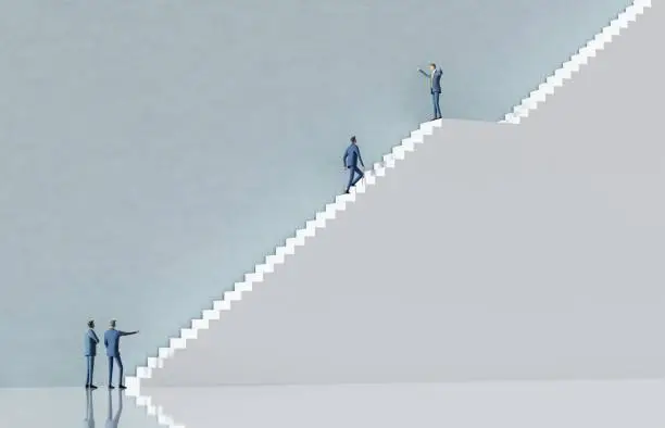 Photo of Way to the success. Successful businessman climbing up the stairs. Achieving goals, making career, professional growth, banking, investment advisory, making money concept. 3D rendering illustration.