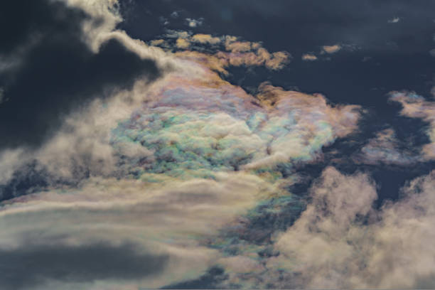 istock Diffraction of light on drops of supercooled water in clouds, rainbow clouds against the blue sky in clear sunny weather, irisation of cumulus clouds, optical phenomenon, spectral colors 1414678543