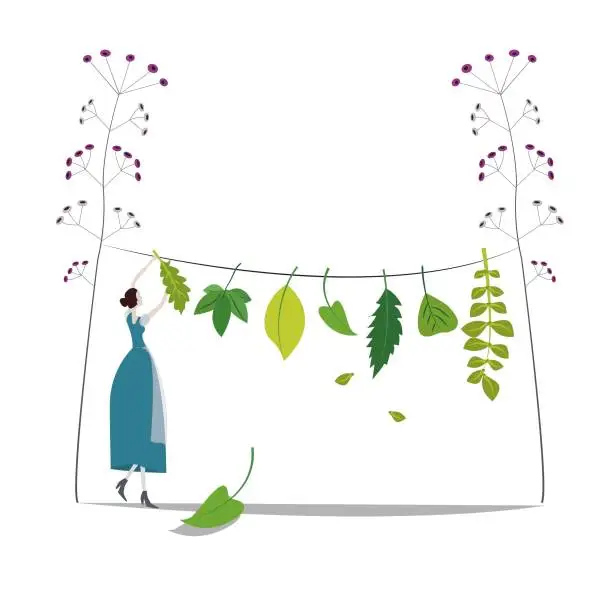 Vector illustration of girl hangs green leaves on a rope