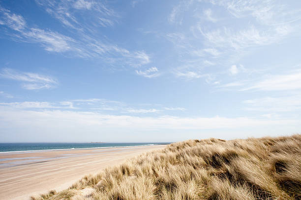 playa de bamburgh, desde northumberland, reino unido - bamburgh northumberland england beach cloud fotografías e imágenes de stock