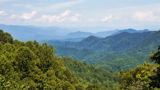 Scenic landscape view of Great Smoky Mountains in summer haze