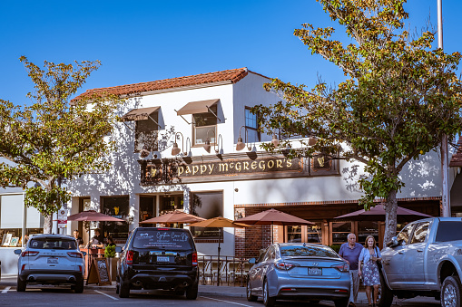 Paso Robles, CA - July 15, 2022: Pappy McGregor's, one of the many bars and restaurants on the square.