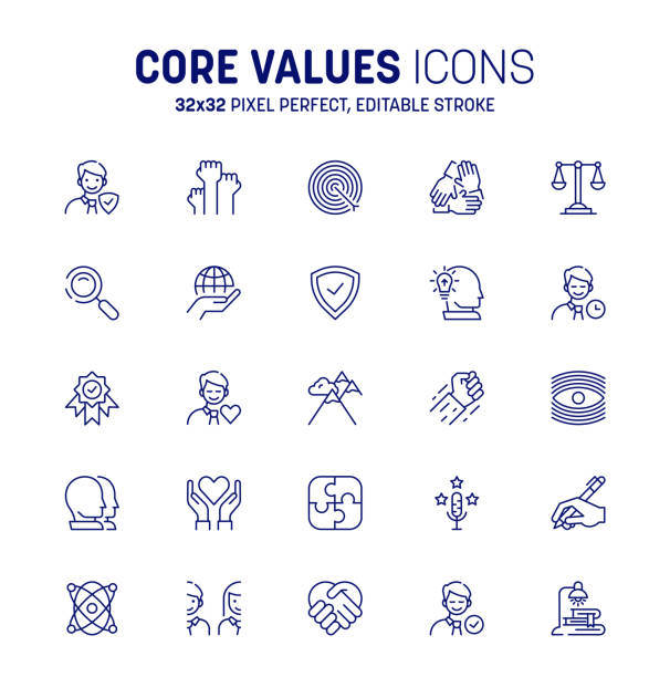 Core values icon set. Editable stroke set of icons core values. Target and goals related vector line symbol Mission, integrity value icon set with honesty, collaboration, passion and vision as the goal or focus symbol. Pixel perfect set of core values icon. Editable stroke goals, target and core values related vector line icons. morality stock illustrations