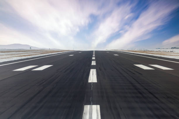 Blurred photo. Airstrip at the moment of aircraft landing stock photo