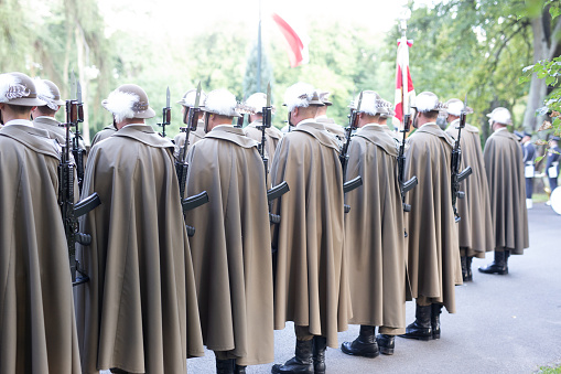 Soldiers of the Polish Army during ceremony.\nDuring the ceremony. General Anders' birthday celebration in Jordan Park in Krakow