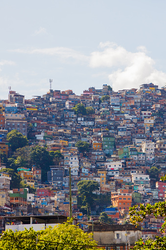 Rocinha favela in Rio de Janeiro, Brazil - May 09, 2022 : Rocinha favela seen from Sao Conrado neighborhood in Rio de Janeiro.